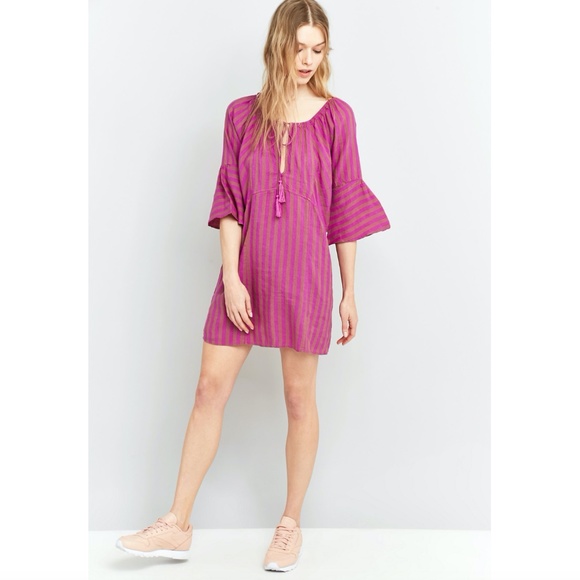 Free People Folk Town Linen Tunic Dress with Pockets Purple Stripe Size S Boho - Picture 9 of 13